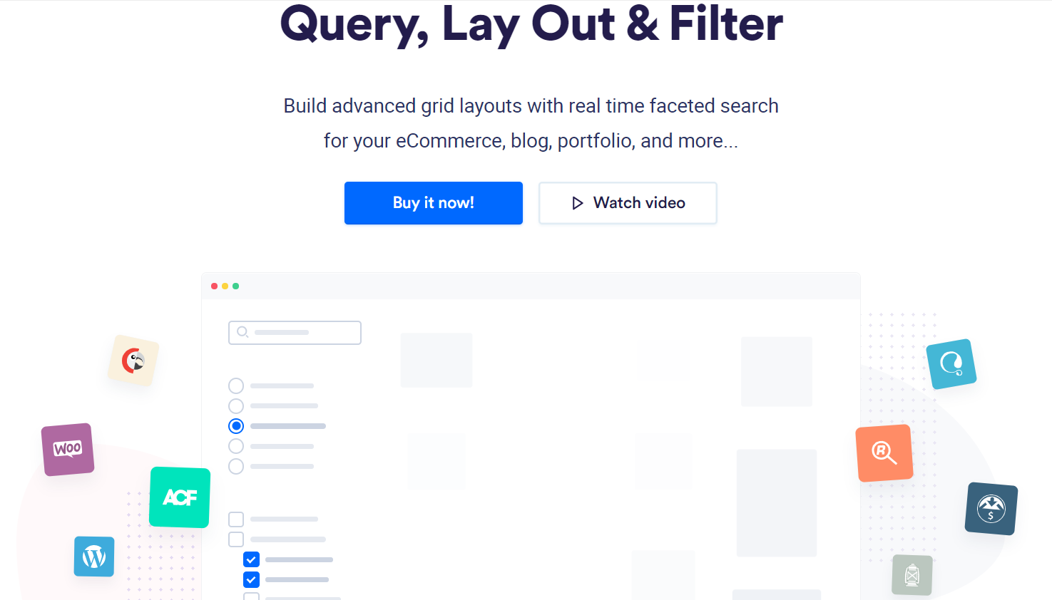 Interface du plugin WP Grid Builder affichant des icônes de plugins populaires comme WooCommerce et ACF, avec des options de recherche à facettes et des boutons pour acheter maintenant ou regarder une vidéo, idéal pour les systèmes de recherche avancée sur WordPress.