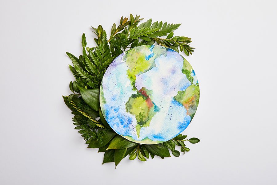 Une terre aquarelle sur le thème du bilan carbone entourée de fougères et de feuilles.