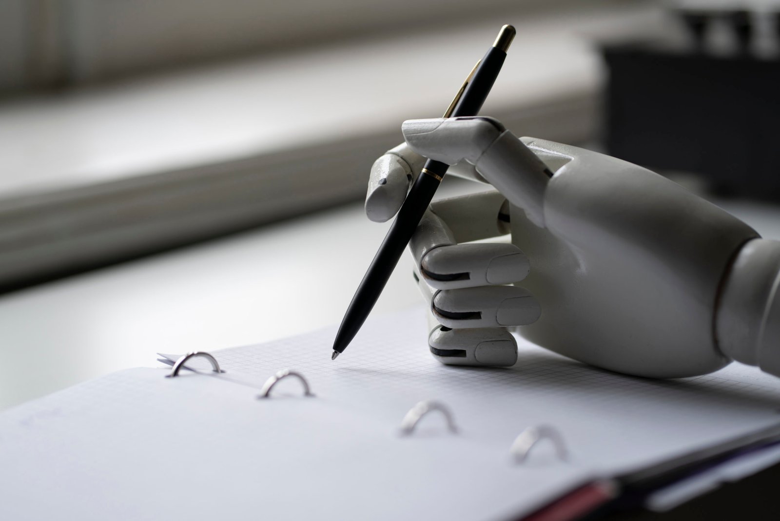 Une main de robot écrivant sur un bloc-notes avec un stylo.
