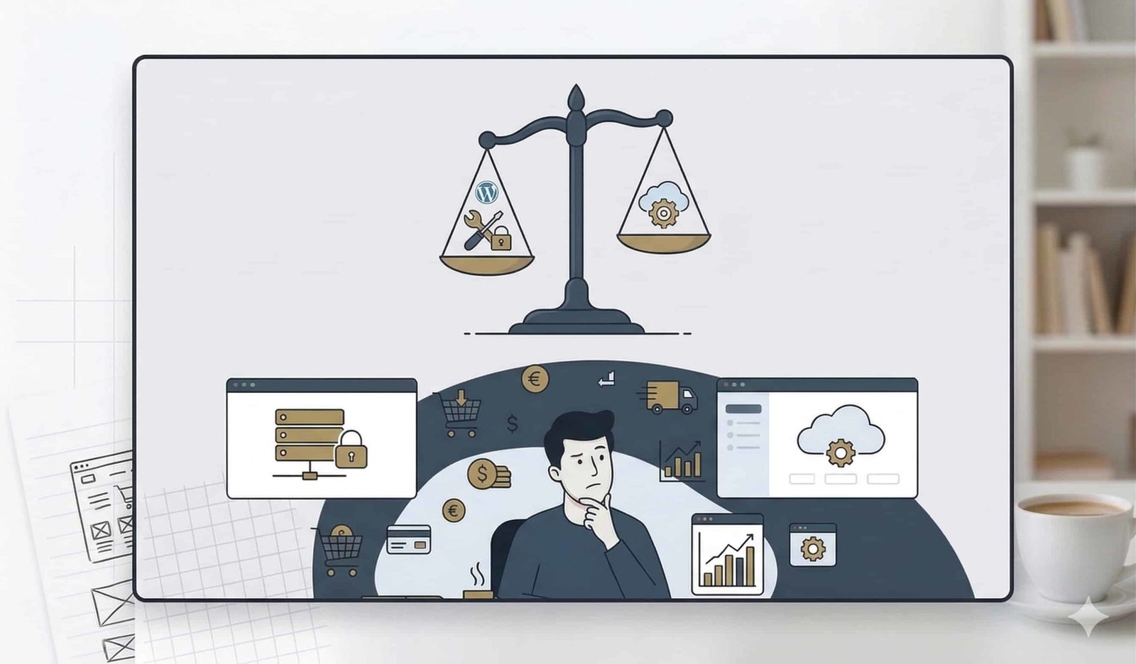 Illustration d'une personne réfléchissant sous une balance pesant les outils de site web contre les services en nuage, entourée d'icônes pour la sécurité des données, les achats, l'analyse et les finances.